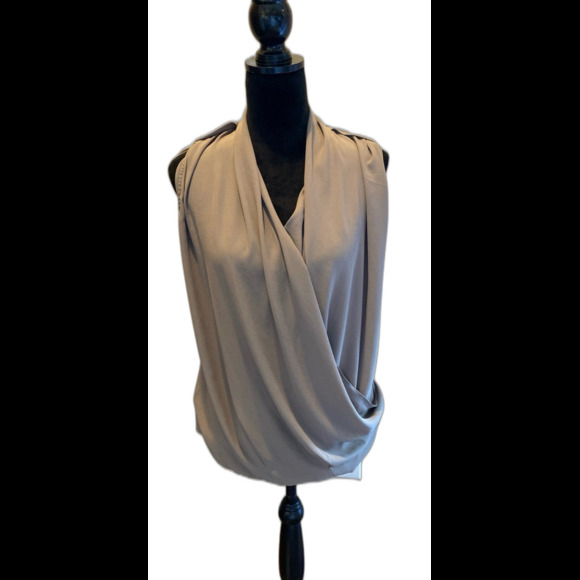MNG Blouse Sz Large Faux Wrap Sleeveless Taupe Color Flowy Dressy Work Wear Top - Picture 2 of 11